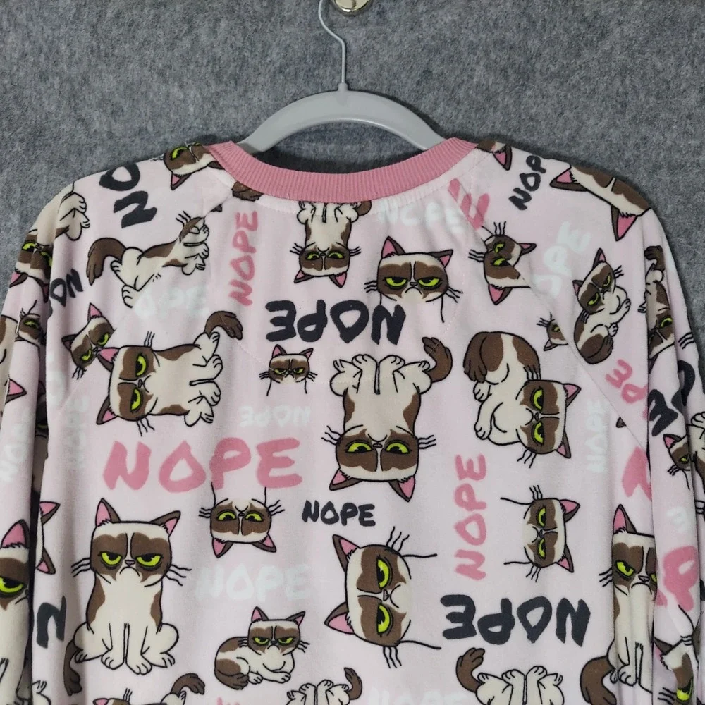 Grumpy Cat Pink Crystal Nope‎ Fleece Pajama Top Small S 4-6 Henley Long Sleeve